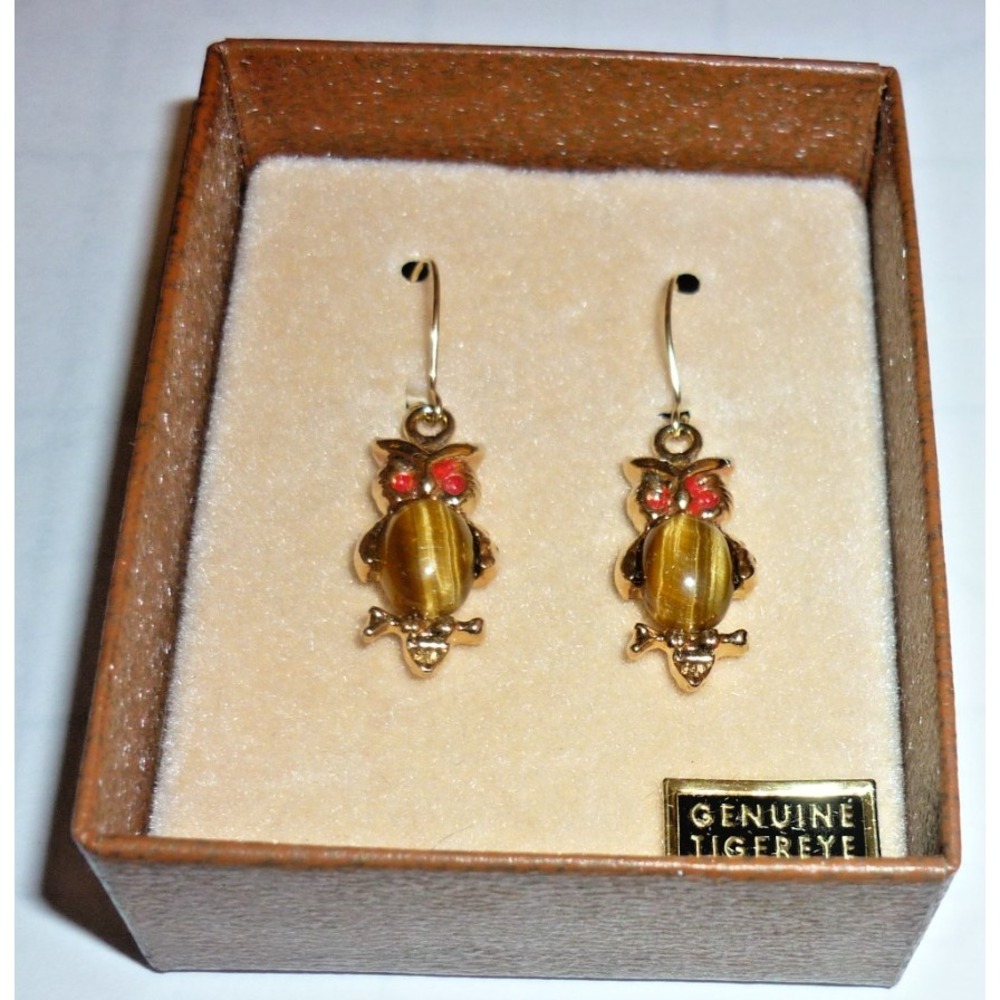 New Vintage Gold Tone Faux Tigers Eye Owl Pierced Earrings